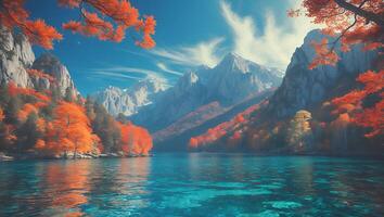 Scenic Mountain Landscape with Turquoise Lake and Autumn Colored Trees photo