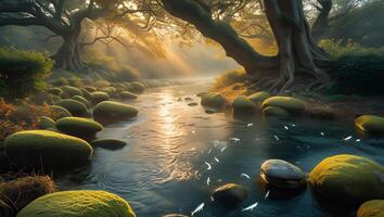 River Flowing Through a Forest with Mossy Rocks and Sunbeams photo