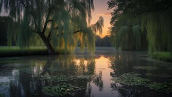 Reflecting Willow Trees on Lake at Sunset with Lily Pads photo