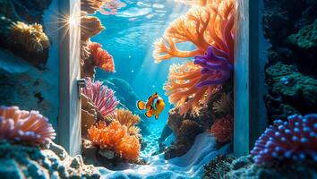 Clownfish Swimming Through Coral Reef with Light Rays Streaming photo