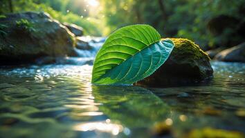 Green Leaf Resting on Mossy Rock in Forest Stream Waters photo