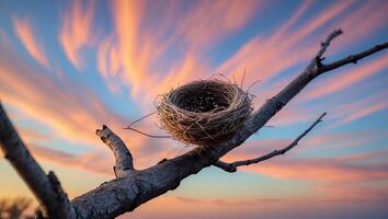 Bird Nest on Branch at Sunset with Dramatic Colorful Sky photo