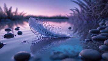 Feather Floating on Water Surface at Sunset with Stone Shoreline photo