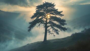 Majestic Tree Stands on Hillside As Sunlight Breaks Through Fog photo