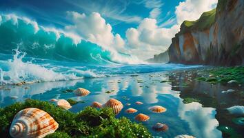 Ocean Wave Crashing on Beach with Seashells and Green Seaweed photo