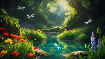 Dragonfly Flight Over Serene Stream with Forest Flowers and Sunbeams photo