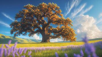 Majestic Oak Tree Standing in Meadow with Lavender Flowers Landscape photo
