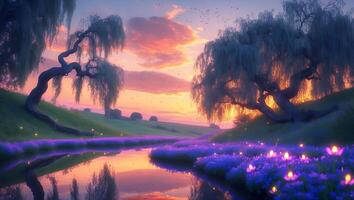 Willow Tree Landscape with Lavender Field and Sunset Reflection on Water photo