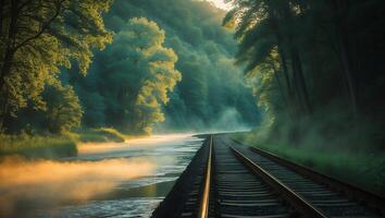 Tranquil Railroad Tracks Through Forest with Morning Fog Near Water photo