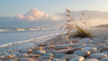 Gentle Waves Wash Ashore on Rocky Beach with Plants at Sunset photo