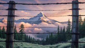 Mountain Peak View Through Fence Above Clouds and Evergreen Trees photo
