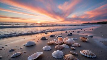 Seashells Scattered on Beach at Sunset with Colorful Sky Reflection photo