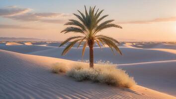 Palm Tree in Sandy Desert Landscape Under Gentle Sunset Light photo