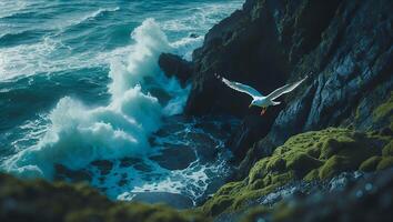 Seagull Flying Above Rocky Coastline with Crashing Ocean Waves Scene photo