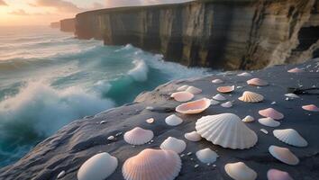 Seashells on Rocky Shoreline Overlooking Ocean Waves at Sunset photo