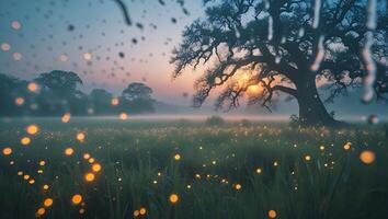 Enchanting Meadow with Fireflies and a Large Tree at Dusk photo