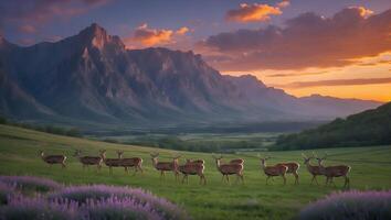 Deer Herd Grazing in Meadow Beneath Dramatic Mountain and Sunset photo
