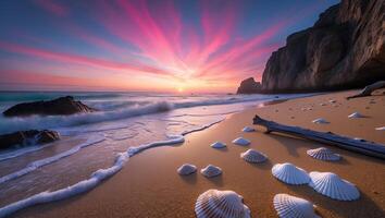 Seashells on Sandy Beach at Dramatic Sunset with Breaking Ocean Waves photo