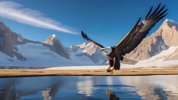 Eagle Flying Over Lake with Mountain Landscape and Rippling Water photo
