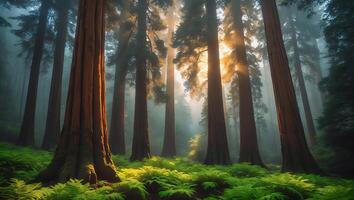 Sunbeams Through Foggy Forest with Lush Green Ferns photo