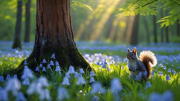 Squirrel Standing in Field of Bluebells with Sunlight Streaming Through Trees photo