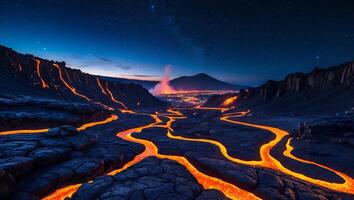 Glowing Lava Flowing Through Volcanic Landscape at Night photo