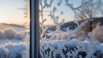 Frosty Window Sunrise Winter Landscape Scenic View photo
