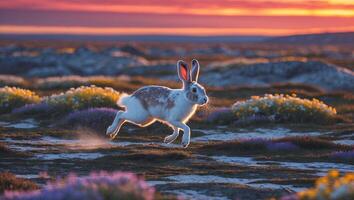 Wild Rabbit Running at Sunset in a Colorful Meadow Landscape photo