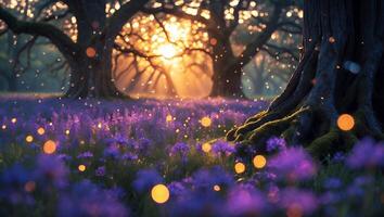 Enchanted Forest with Purple Flowers and Golden Sunset Light photo