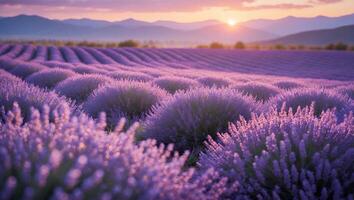 Lavender Field at Sunset with Rolling Hills and Mountain View photo