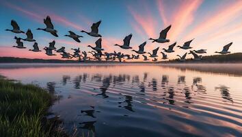 Birds Flying Over Calm Lake at Sunrise with Pink Sky Reflection photo