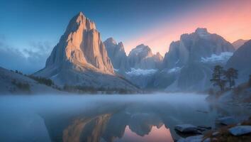 Misty Mountain Lake Sunrise Reflection Scenic Landscape Panorama photo