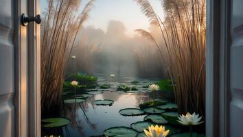 Serene Pond with Water Lilies and Reeds Through Open Door at Sunrise photo