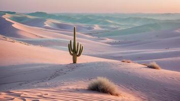 Lone Cactus in a Serene Desert Landscape at Sunrise photo