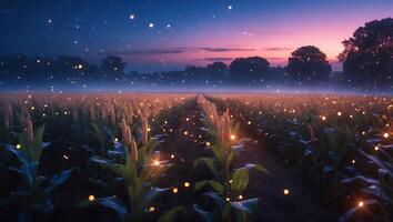 Magical Cornfield at Twilight with Glowing Fireflies and Starry Sky photo