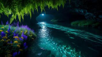 Mystical River Flowing Through Cave Entrance Under Moonlight with Wildflowers photo