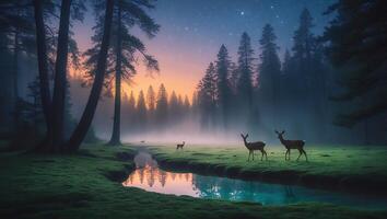 Deer in Misty Forest at Sunset with Starry Night Sky Reflection photo