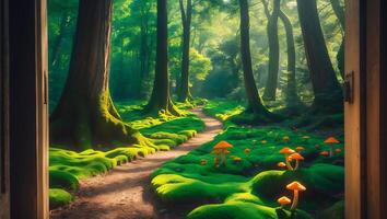 Enchanted Forest Path with Mushrooms and Sunlight Through Open Door photo