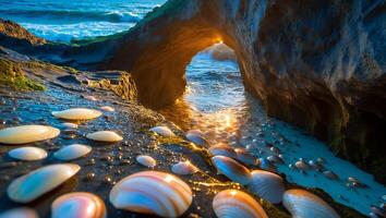Seashells on Rocky Beach at Sunset with Ocean Cave View photo