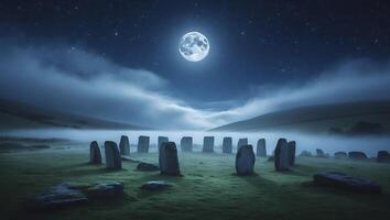 Mystical Stone Circle Under Full Moon with Foggy Landscape at Night photo