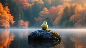 Single Pear on Rock in Serene Autumn Lake at Sunrise photo