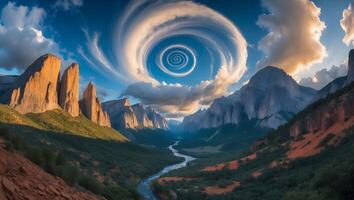 Surreal Mountain Valley Landscape with Swirling Cloud Formation and River photo
