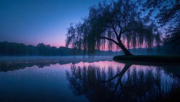 Serene Willow Tree Reflected in Calm Lake at Twilight photo