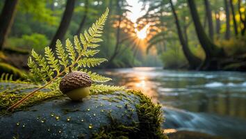 Acorn and Fern on Rock by River at Golden Sunset in Forest photo