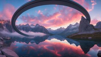 Modern Arch Over Tranquil Mountain Lake at Sunset with Pink Sky Reflection photo