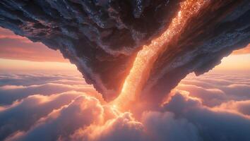 Epic Sunset Sky Through Mountain Cliffs with Glowing Light and Clouds photo