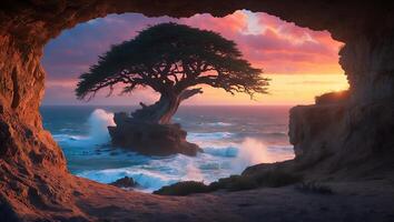 Lone Tree on Rocky Island at Ocean Sunset Viewed From Cave photo