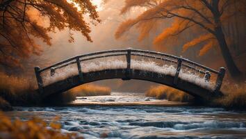 Tranquil Autumn Stream Flows Under Wooden Footbridge in Misty Forest photo