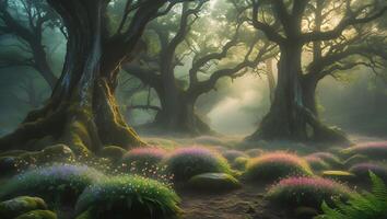 Enchanted Forest with Glowing Wildflowers and Misty Sunlight photo