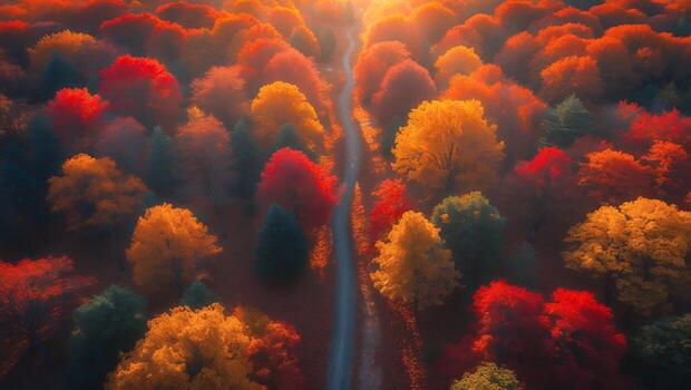 Aerial View of Autumn Forest Road with Colorful Trees and Misty Sunrise photo